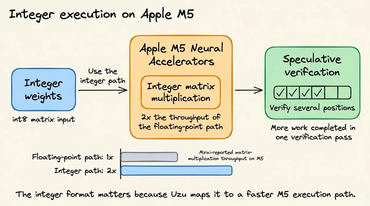 图片展示了Apple M5上整数执行流程。左侧为整数权重和int8矩阵输入，通过整数路径进入Apple M5 Neural Accelerators，其中整数矩阵乘法是其核心，其算术吞吐量是浮点路径的2倍。右侧是投机验证步骤，可验证多个位置，完成更多工作。底部文字说明整数格式重要，因为Uzu将其映射到更快的M5执行路径。该图与上下文紧密相关，直观呈现了Uzu在Apple M5上优化整数格式以加速执行的原理。